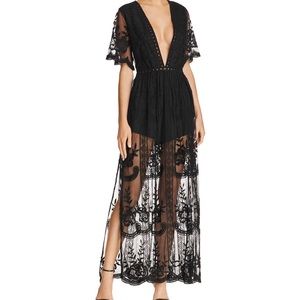 Aqua deep V black romper overlay maxi